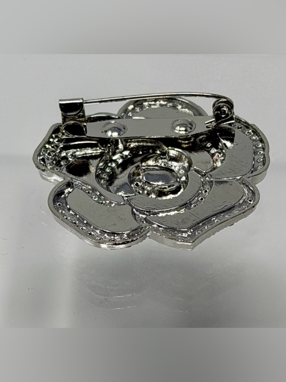 Black Enamel Flower Rhinestone Accent Brooch Silver-tone - Picture 2 of 3